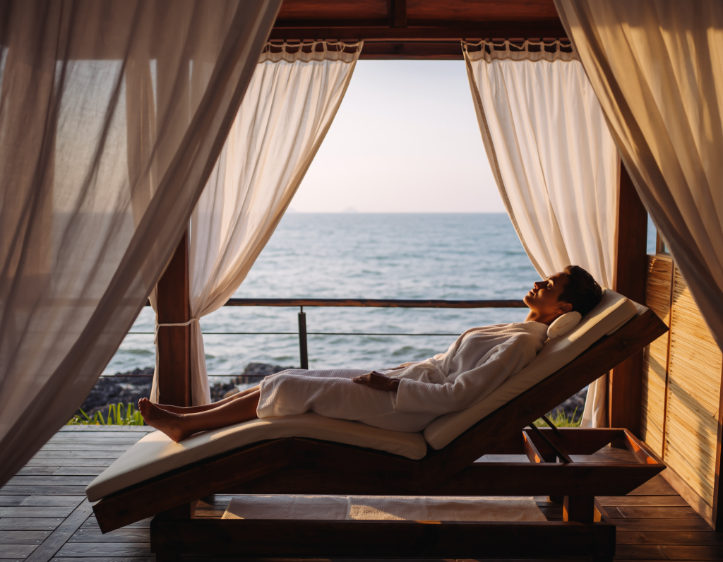 Traveller enjoying Vietnamese massage at beachfront spa resort in Phu Quoc Island.
