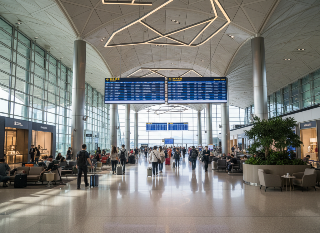Interior of Hong Kong Airport Terminal 1, spacious hall, passengers walking, information boards, modern lighting, premium travel aesthetic.