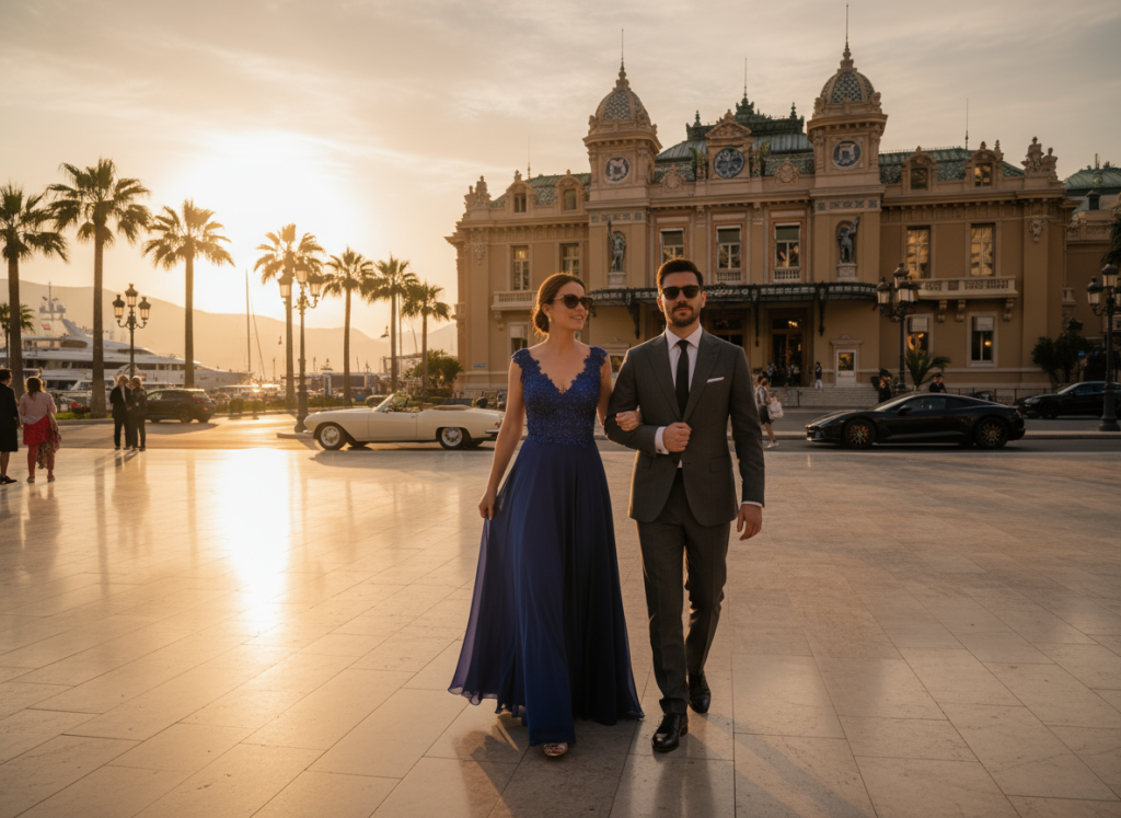 Elegant couple walking through Casino Square, Monte-Carlo, during sunset.