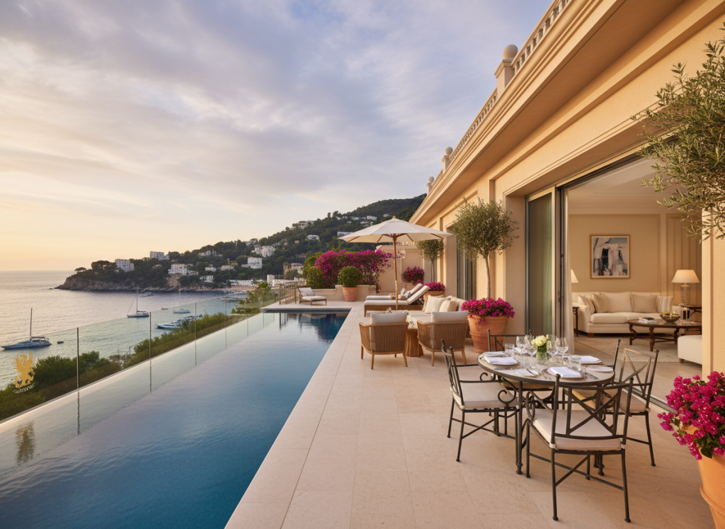 Terrace suite with Mediterranean Sea view in Monaco luxury hotel.
