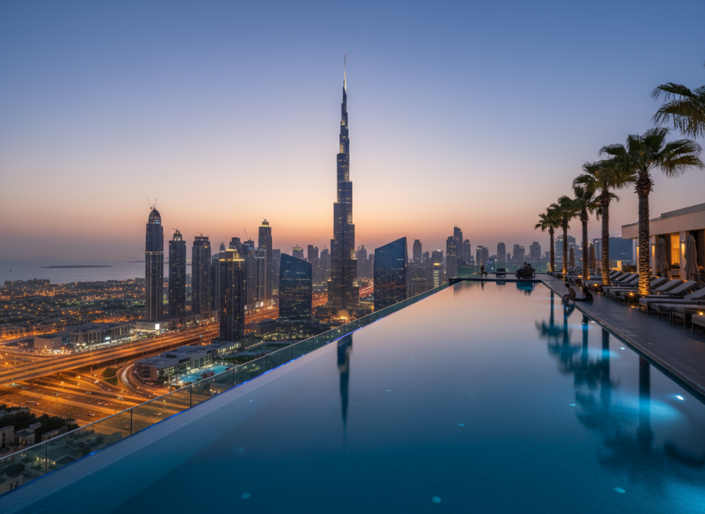 Spectacular views of the Dubai skyline from ZETA Seventy Seven’s infinity pool.