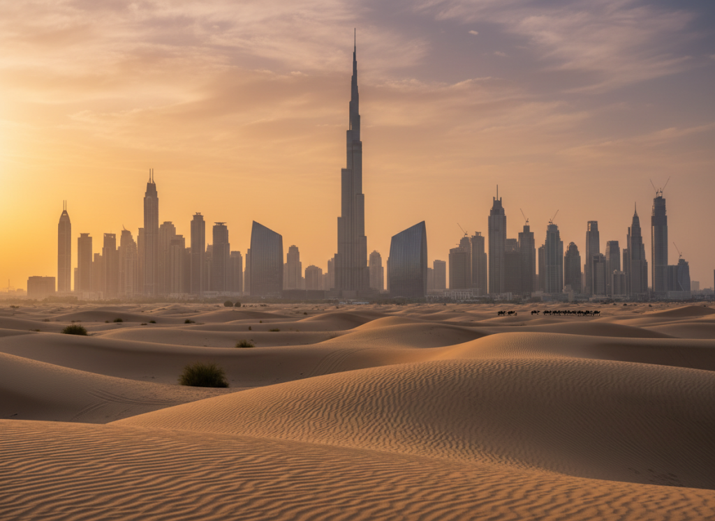 Distant Dubai skyline rising behind golden sand dunes during golden hour.