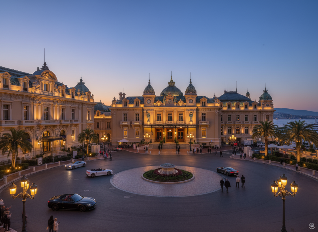 Hôtel de Paris Monte-Carlo exterior view at twilight overlooking Casino Square in Monaco.