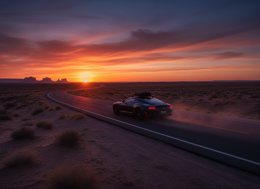 Silhouette of a luxury-style car driving along a desert road at sunset.