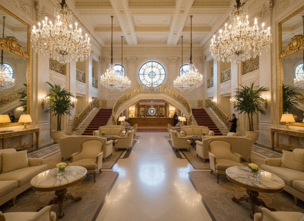 Luxury hotel lobby with marble interiors, chandeliers, and grand staircase inspired by Hôtel de Paris Monte-Carlo.