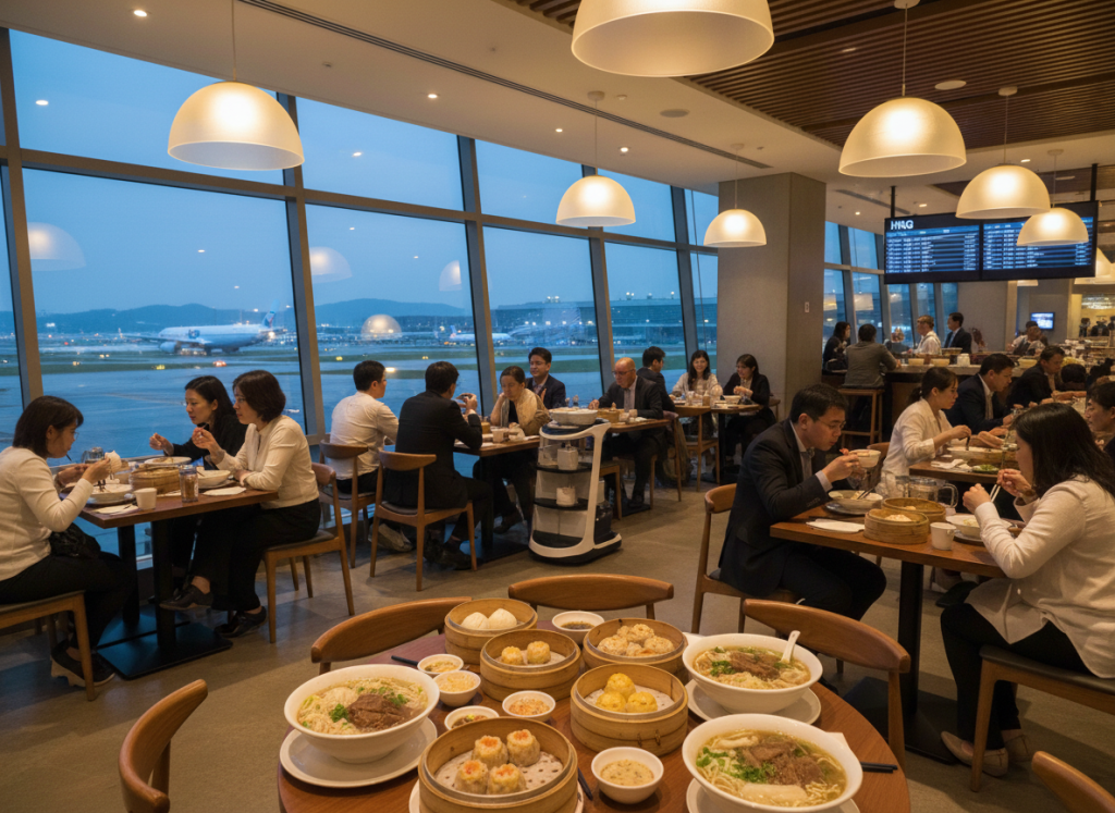 Airport restaurant scene in Hong Kong, dim sum dishes, noodles, modern dining setup, travellers eating, warm lighting.