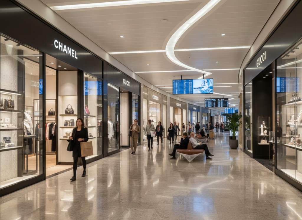 Luxury airport shopping corridor, designer brand stores, polished flooring, airport passengers browsing, high-end retail.