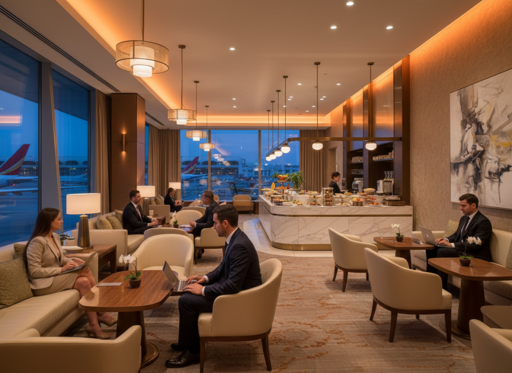 Luxury airport lounge interior, warm lighting, comfortable seating, buffet counter, business travellers, premium look.