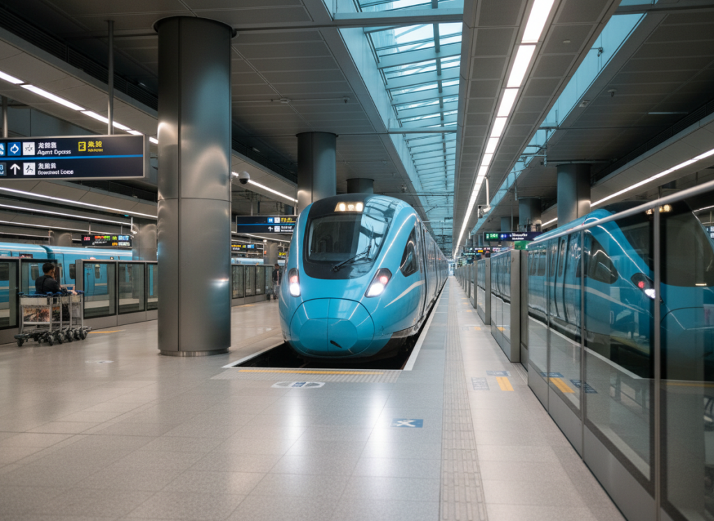 Hong Kong Airport Express train arriving at platform, clean modern station, blue train, futuristic look, realistic lighting.