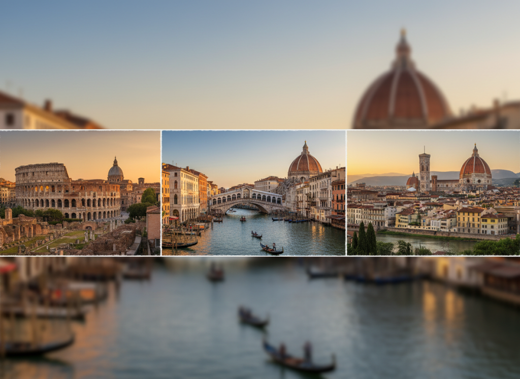 Stylized travel collage featuring Italy’s top destinations presented in magazine cover style.