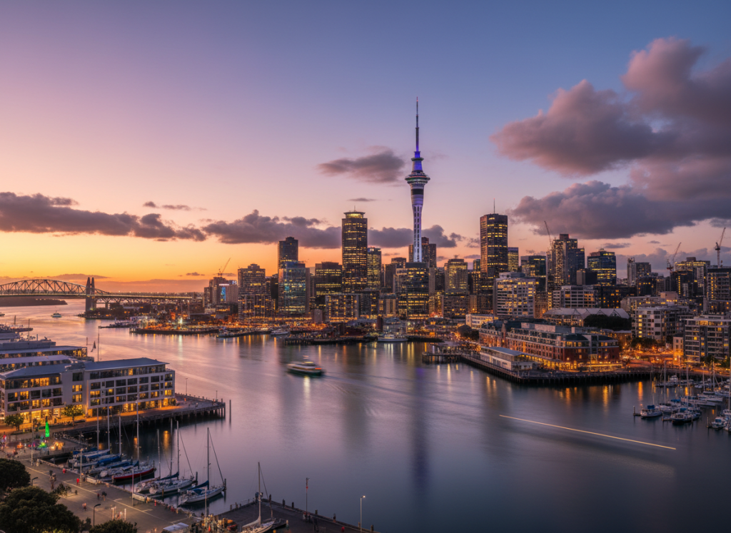 Sky Tower rising above Auckland city skyline.