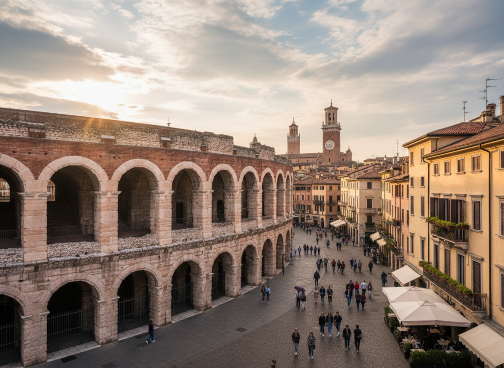 Historic Roman Arena and old town streets of Verona.