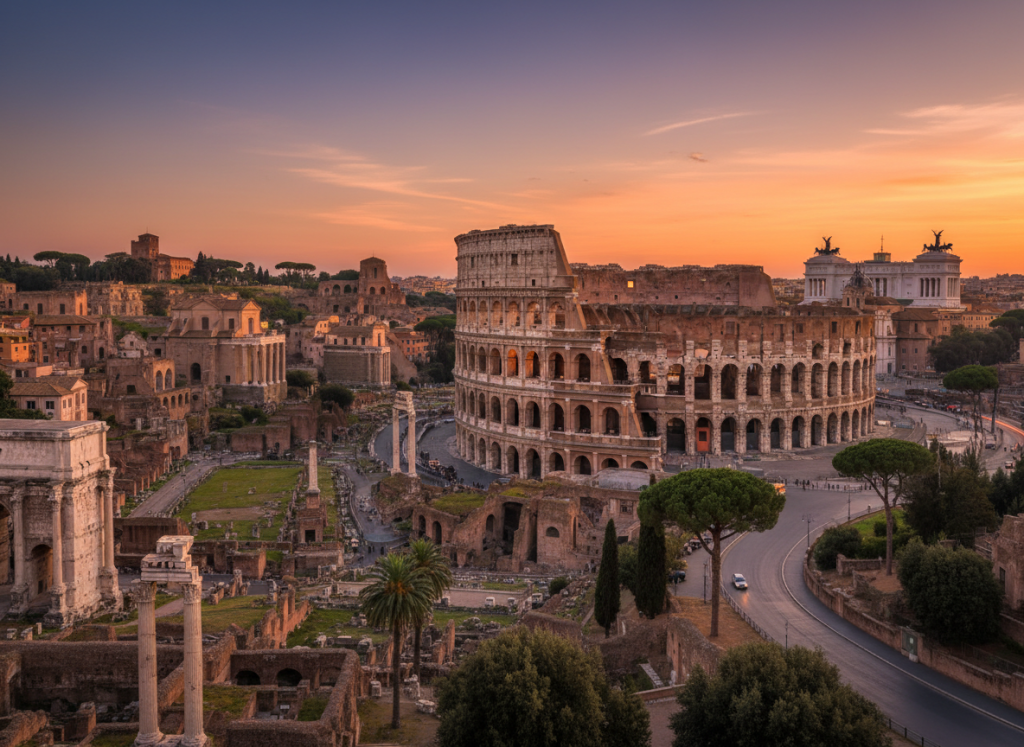 Panoramic view of the Colosseum and ancient landmarks in Rome.