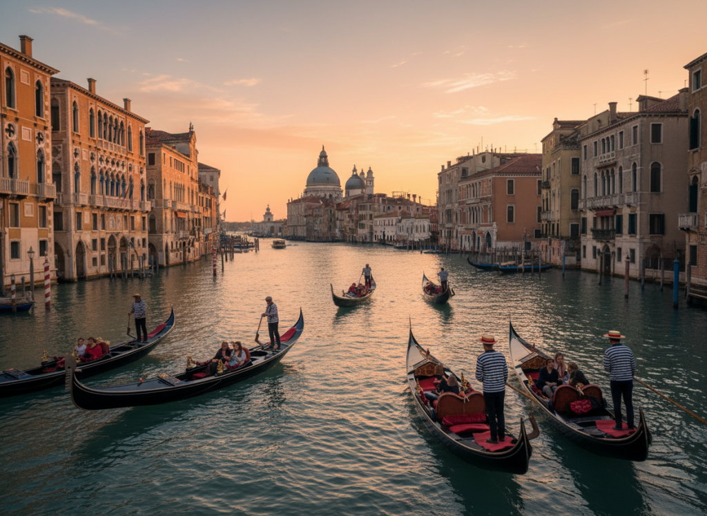 Gondolas floating along Venice’s Grand Canal at sunset,