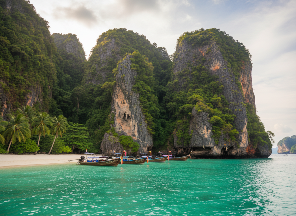 Limestone cliffs and emerald waters around the Phi Phi Islands near Phuket.