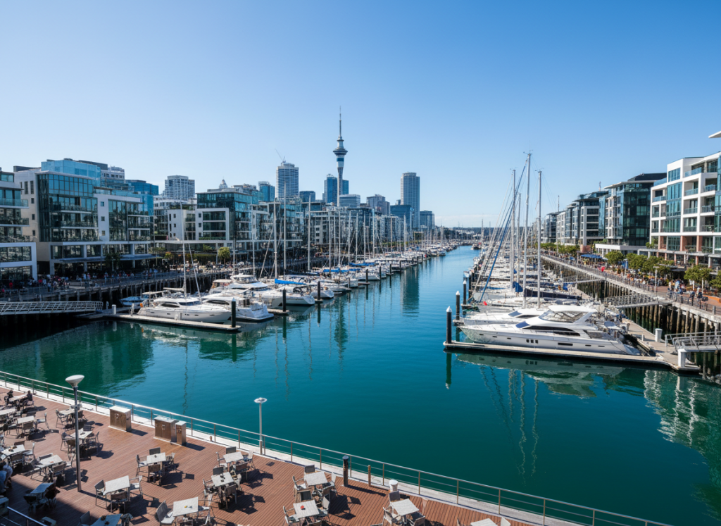 Viaduct Harbour waterfront with yachts and city views in Auckland.