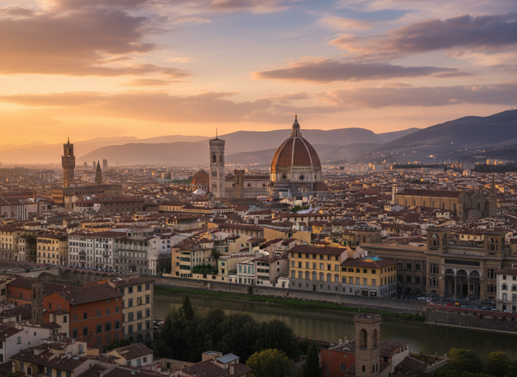 Florence skyline featuring the Duomo and historic Renaissance buildings.
