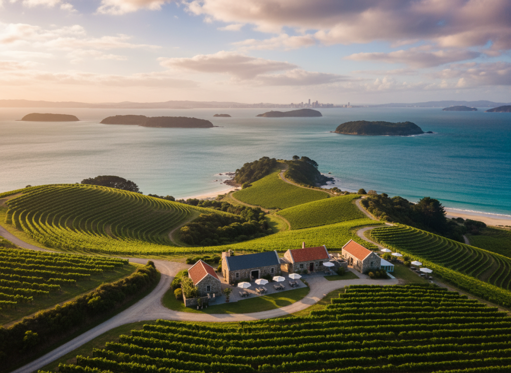 Coastal scenery and vineyards on Waiheke Island near Auckland.