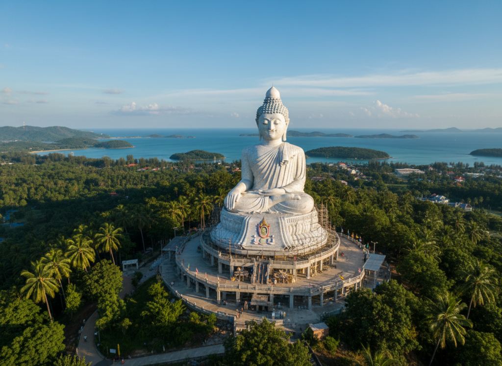 Big Buddha statue overlooking Phuket with panoramic island views.