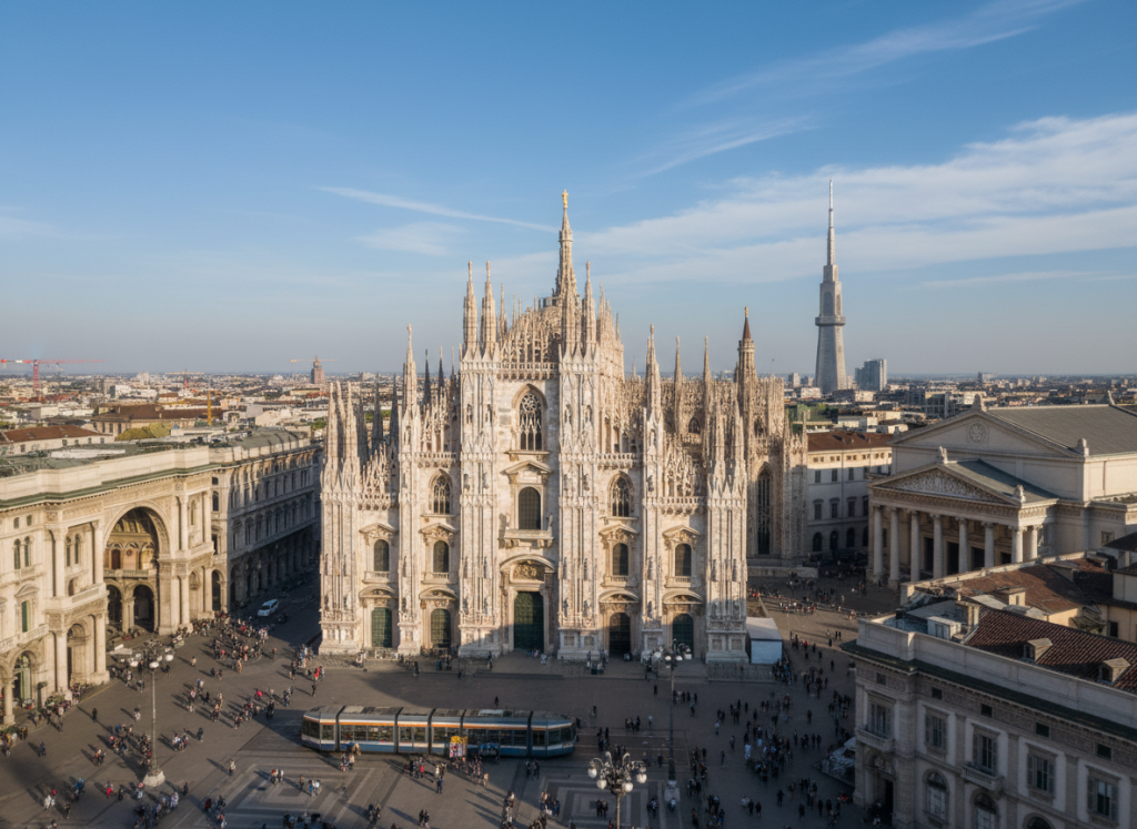 Milan’s iconic Duomo cathedral surrounded by city landmarks.