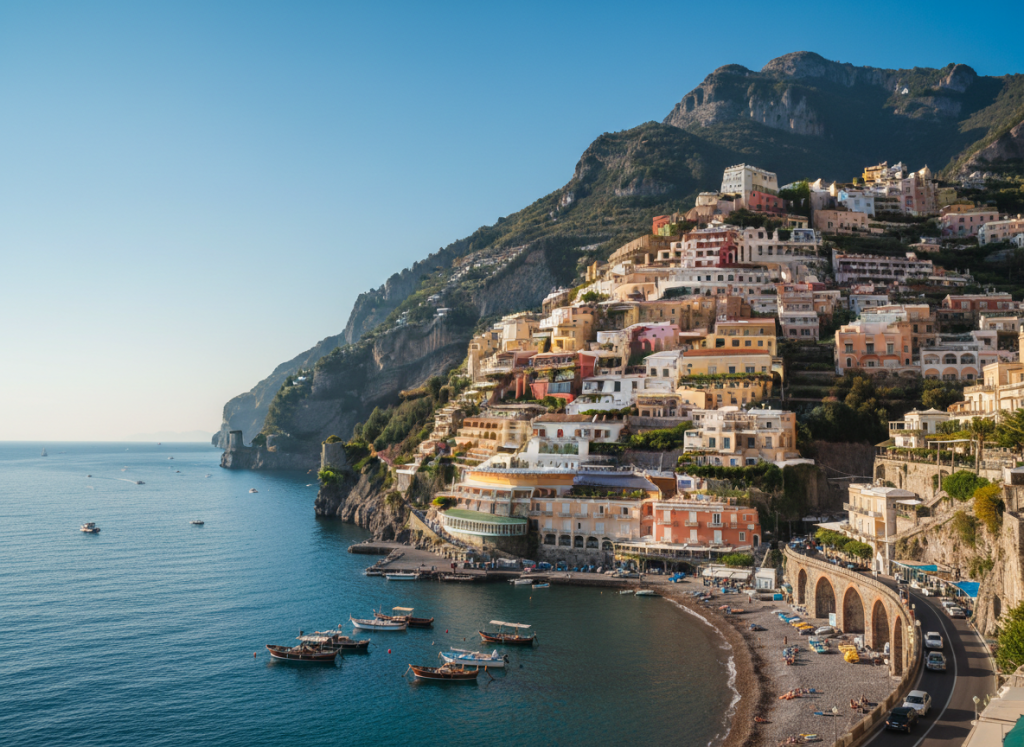 Scenic view of the Amalfi Coast with colourful cliffside villages.