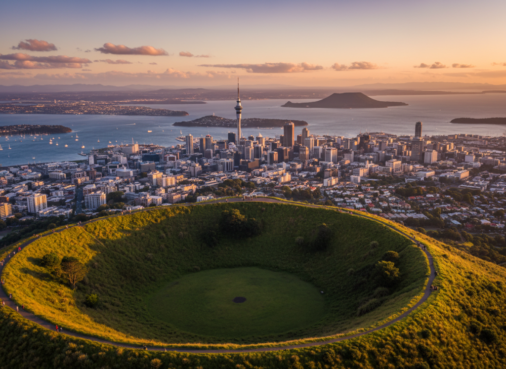 Volcanic crater and summit views from Mount Eden in Auckland.