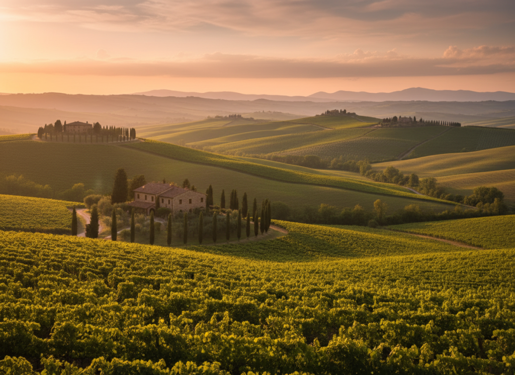 Rolling hills and vineyards of Tuscany under a warm sunset.