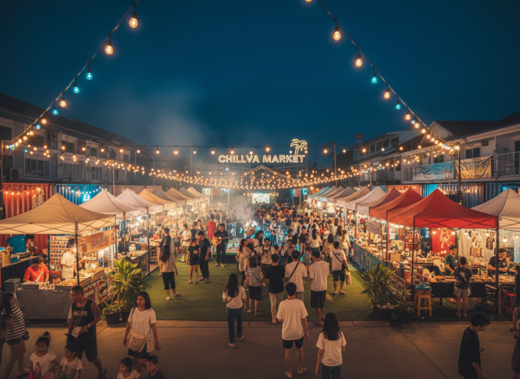 Lively night market atmosphere in Phuket after sunset.