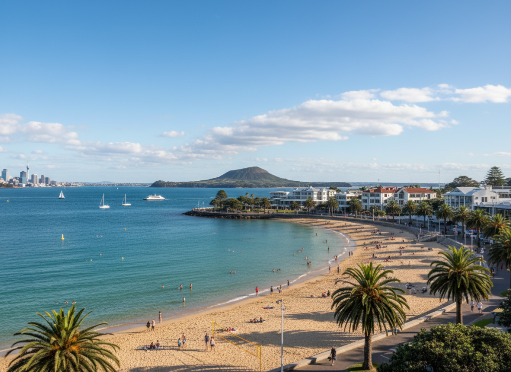 Mission Bay beach with waterfront promenade near Auckland city.