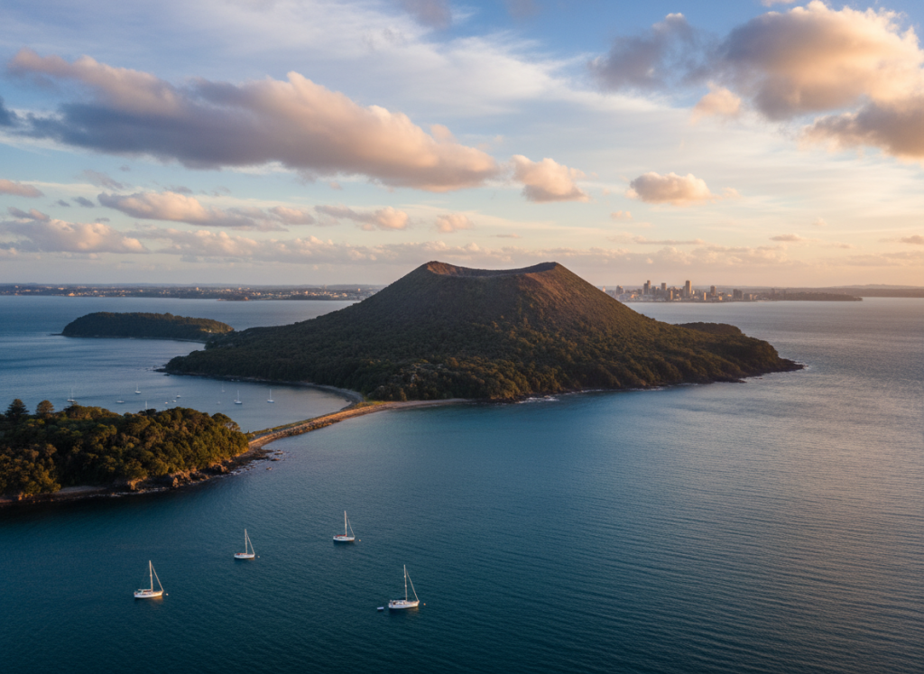 Volcanic landscape of Rangitoto Island in Auckland Harbour.