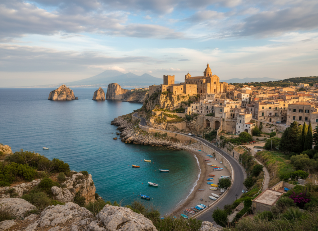 Coastal view of Sicily with historic buildings and scenic landscapes.