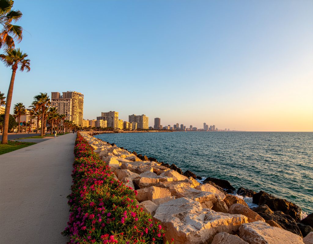 Alexandria Corniche and the Bibliotheca Alexandrina along the Mediterranean Sea.