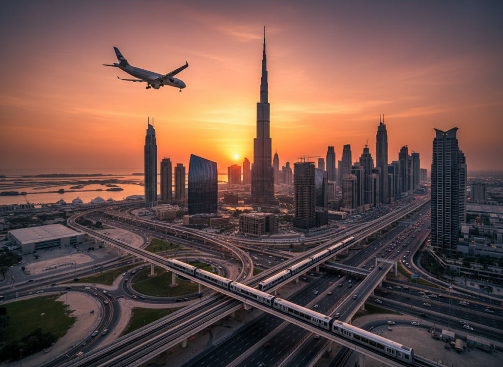 Dubai skyline during sunset with airplane in flight, symbolizing transit travel.