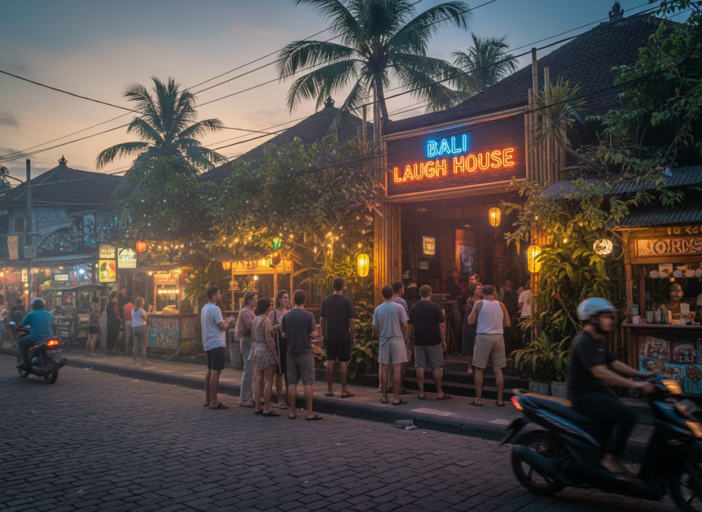 nightlife street outside Bali comedy club warm lights evening