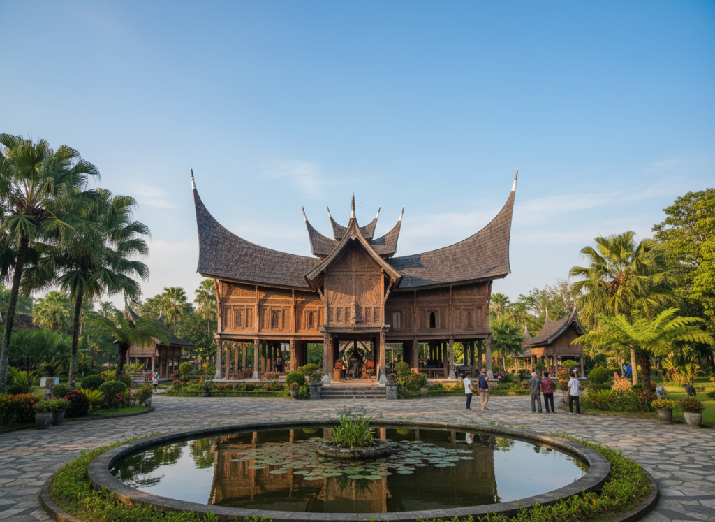 Traditional Indonesian pavilion architecture at Taman Mini.
