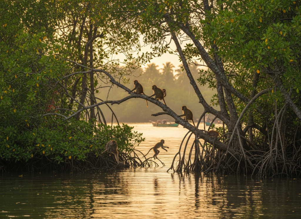 Monkeys in mangrove trees along Bentota River