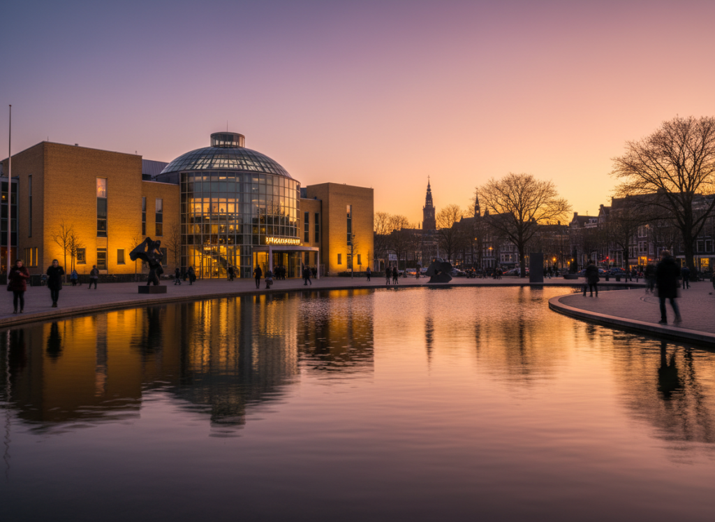 Exterior of the Van Gogh Museum in Amsterdam at sunset.
