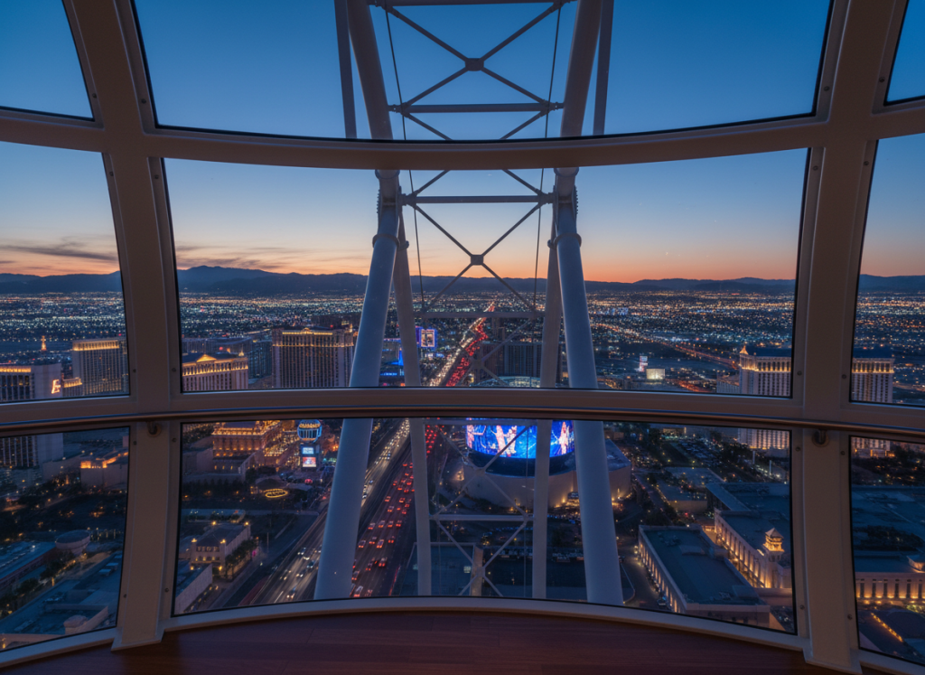 Las Vegas skyline viewed from inside High Roller cabin.
