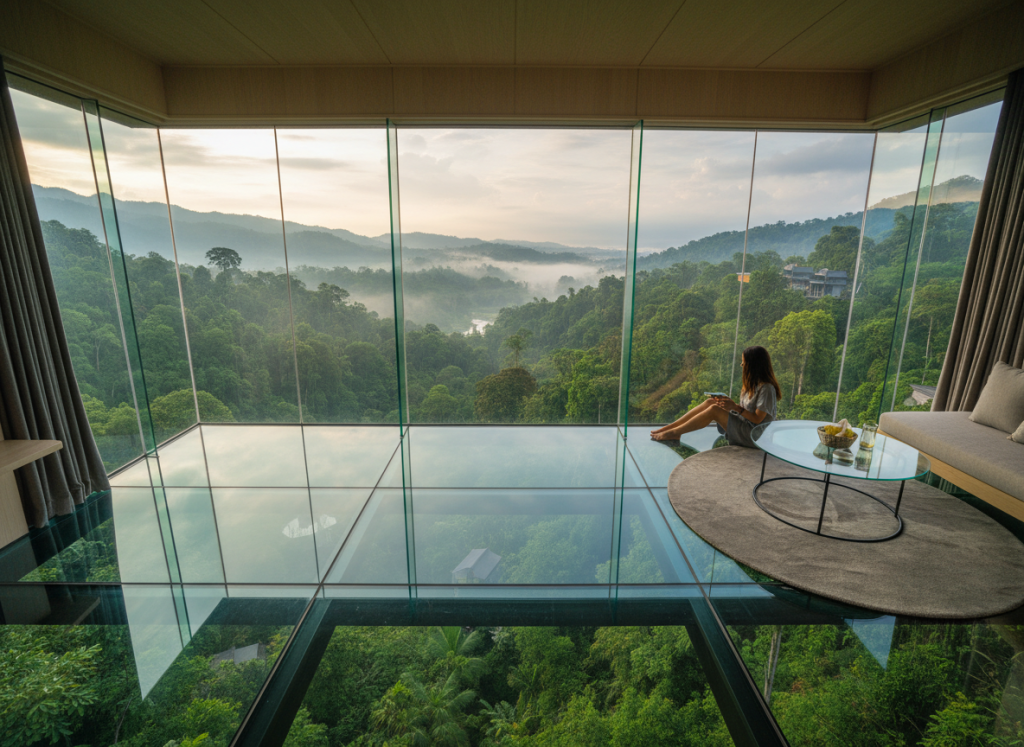 Glass floor cabin view over Genting rainforest canopy.