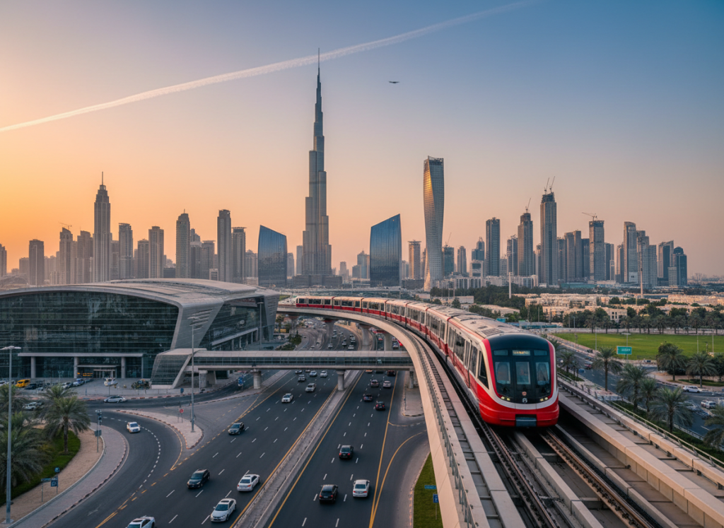 Dubai metro connecting airport to downtown skyline.