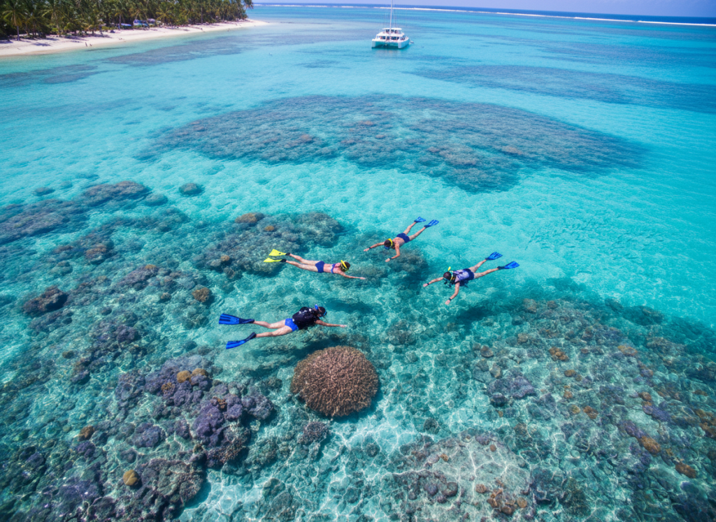 Aerial view of snorkeling group over turquoise reef water.
