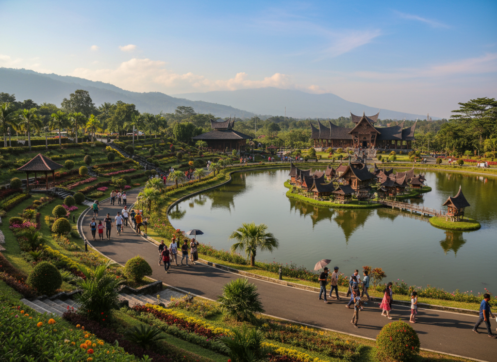 Visitors walking around lake and gardens at Taman Mini Indonesia Indah.
