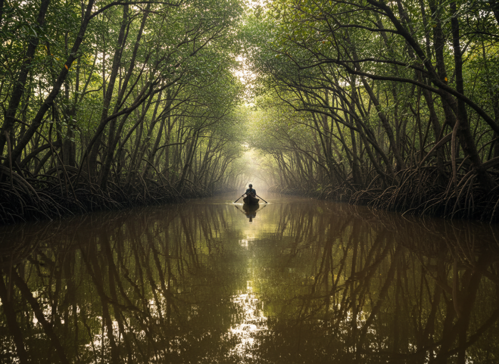Reflections inside mangrove tunnel on Bentota River