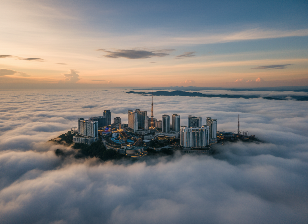 Genting Highlands skyline emerging above clouds.