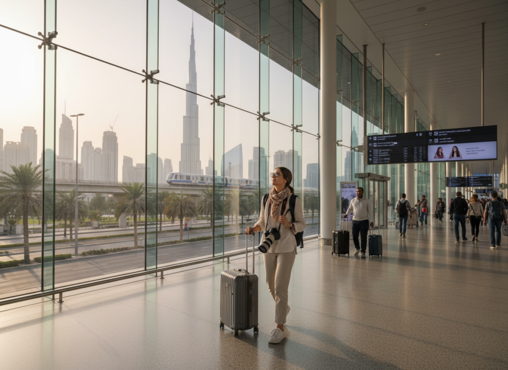 transit traveller exploring Dubai with carry-on luggage.