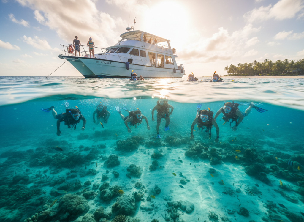 Snorkeling group swimming in clear tropical water near tour boat morning sunlight.
