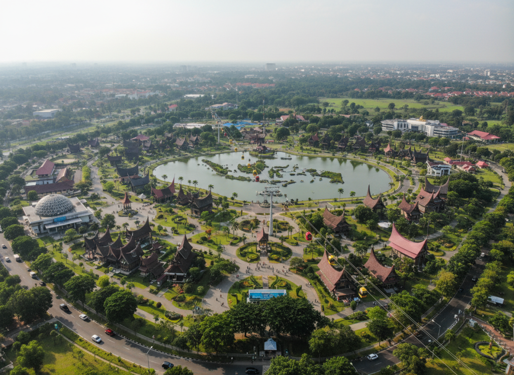 Aerial view of Taman Mini Indonesia Indah cultural park in Jakarta.
