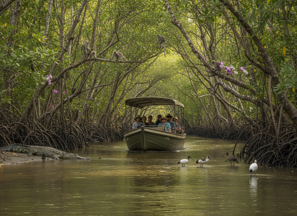 small safari boat drifting through mangrove river in Sri Lanka tropical wildlife