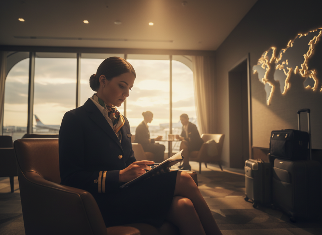 Flight attendant reviewing notes before departure in airport crew lounge, cinematic lighting