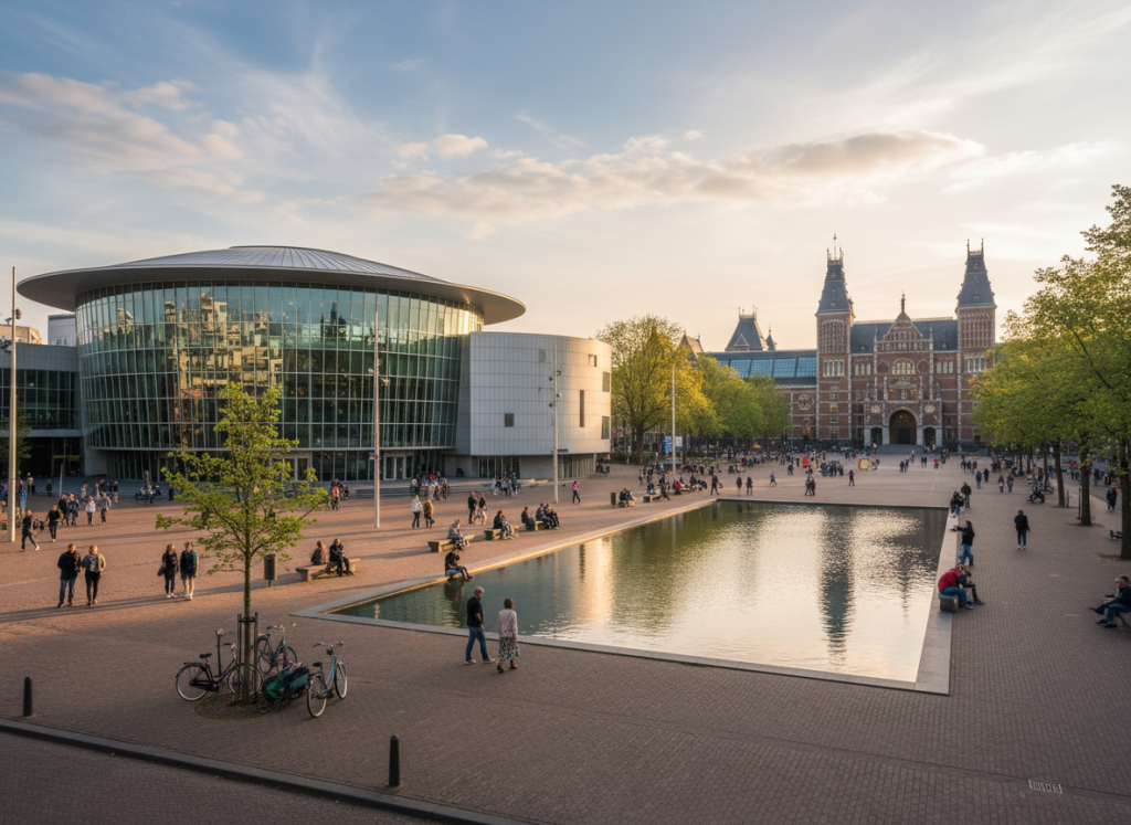 Museumplein square with Van Gogh Museum in Amsterdam.
